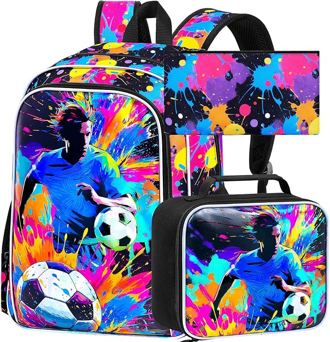 KLFVB 3PCS Backpack for Boys, 17" Kids Football Bookbag and Lunch Box, Water Resistant Teenagers School Backpacks for Middle Elementary - Spray-Paint Soccer