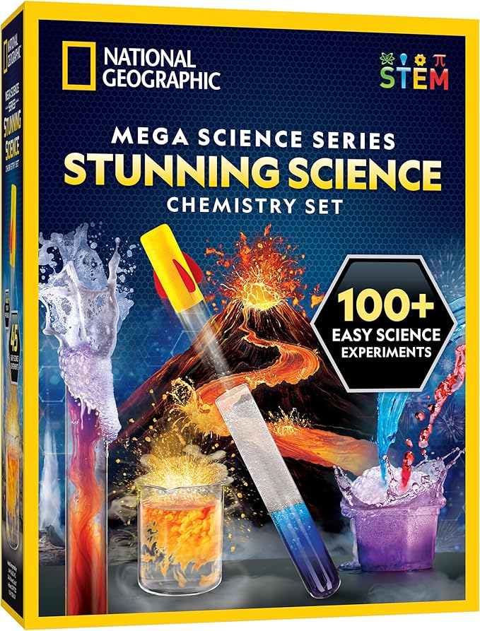 Blue Marble National Geographic Stunning Chemistry Set - Mega Science Kit with 45 Easy Experiments- Make a Volcano and Launch a Rocket, STEM Projects for Kids Ages 8-12, Science Toys