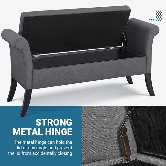 Yaheetech Ottoman with Storage, 52" Storage Ottoman Bench with Safety Hinge, Upholstered Bench with Seating for Bedroom, Living Room, Holds up to 661 lb, Dark Gray