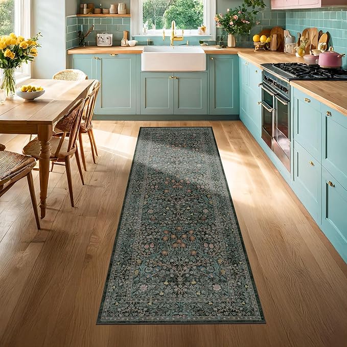 Dark Green 2x5 Runner Rug Non Slip Washable for Bathroom, Kitchen, Floral Boho Low Pile Entryway Rug, Door Mat Indoor Entrance, Small Carpet Runner for Laundry Room