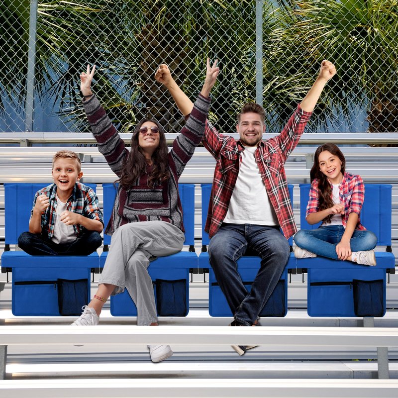 Halituny Stadium Seat for Bleachers with Back Support, Portable Bleacher Seat with Wide Comfy Padded Cushion, Metal Hook, Folding Stadium Chair with Shoulder Strap, Carry Handle, Cup Holder, Blue