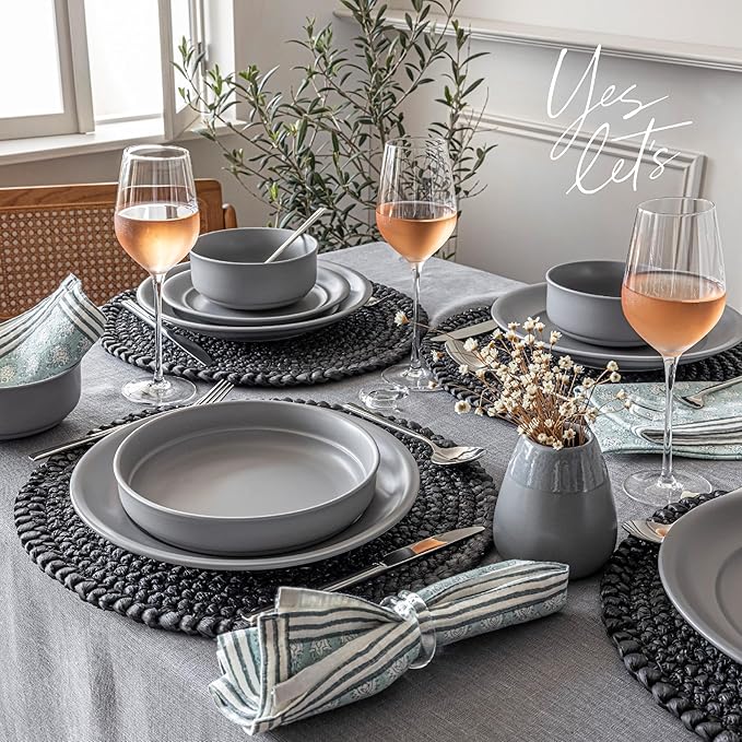 over&back Rim Dinner Bowl Set - Stoneware Dishes - Comes with 4 Dinner Bowls - For Pasta, Salads, and More - Easy-to-Stack All-Occasion Place Settings - 8.1" x 8.1" x 1.8" - 32oz - Semi-Matte Charcoal