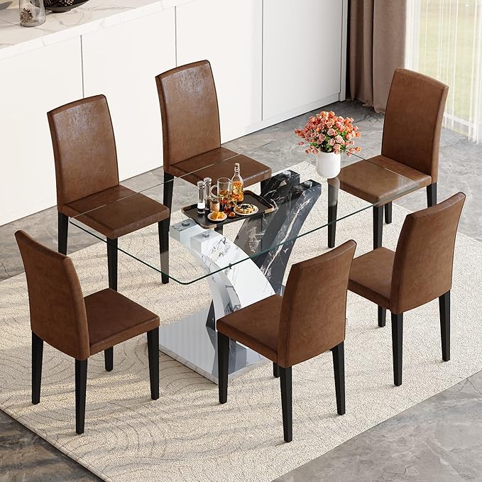 Glass Dining Table Set for 6, 63” Kitchen Table Set for 6, Modern Dining Room Table Set with Upholstered Chairs, Tempered Glass Tabletop with Y Shape Base