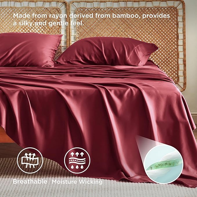 Bedsure King Size Sheets Set, Cooling Sheets for Hot Sleepers, Rayon Derived from Bamboo, Breathable & Soft, Deep Pocket Up to 16 Inches, Hotel Luxury Silky Bedding, Burgundy