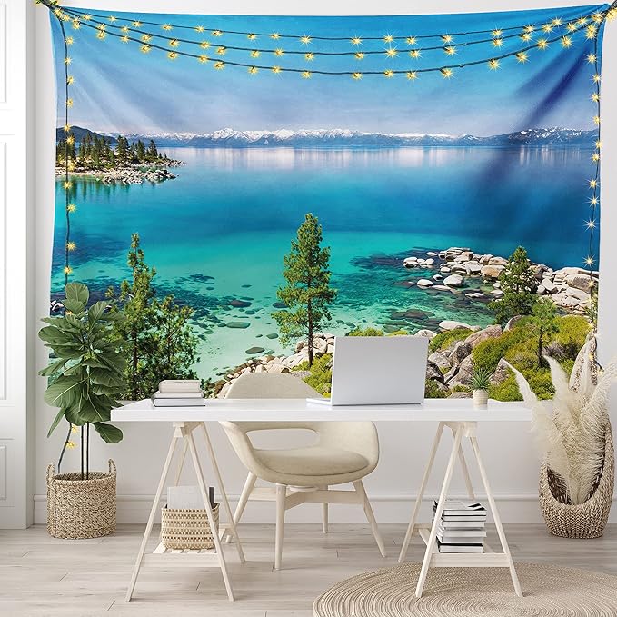 Ambesonne Blue Tapestry King Size, Tranquil View of Lake Tahoe Sierra Pines on Rocks with Turquoise Waters Shoreline, Wall Hanging Bedspread Bed Cover Wall Decor, 104" X 88", Blue Grey Green