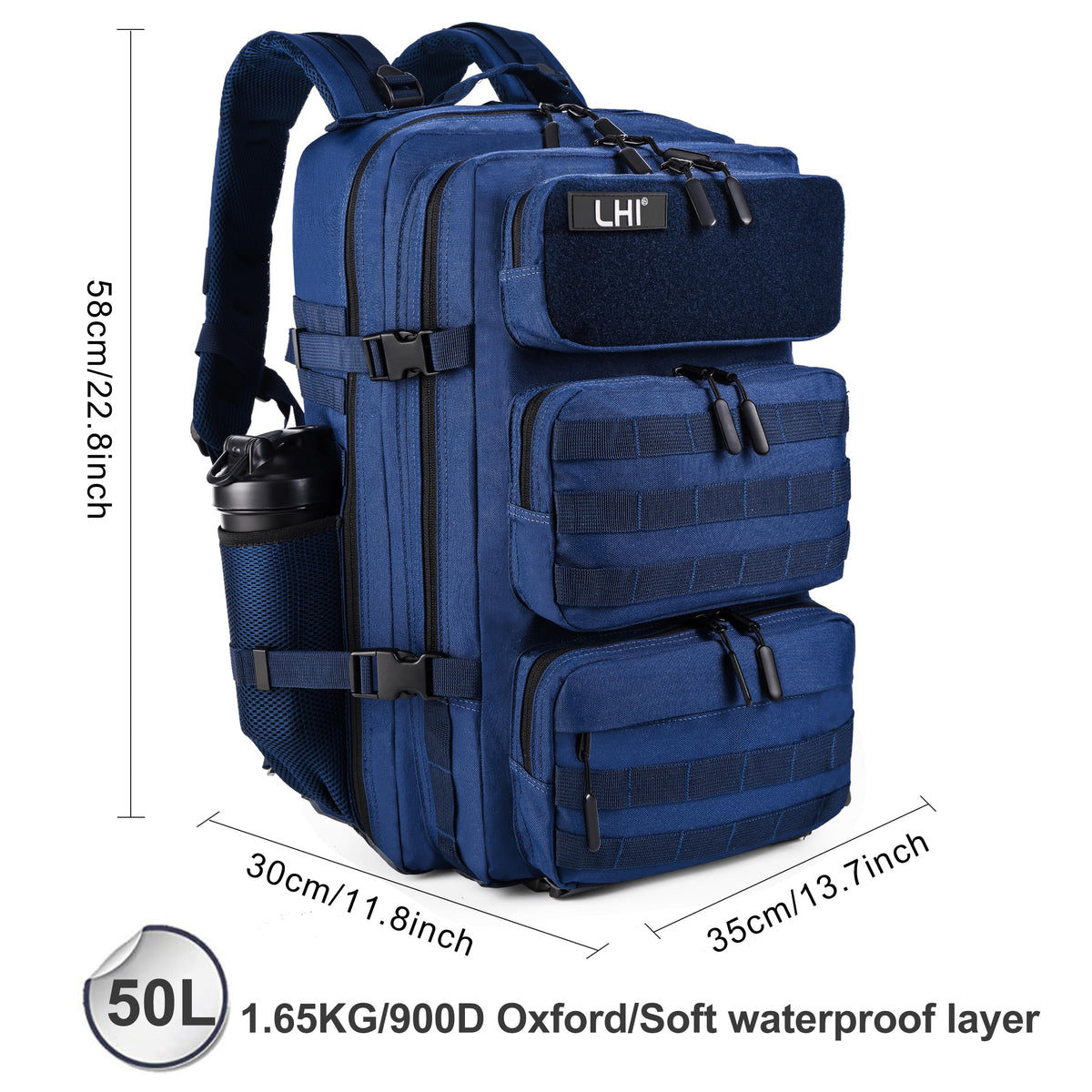 LHI Military Tactical Backpack for Men and Women 50L Army 3 Days Assault Pack Bag Large Rucksack with Shoe Compartment - Blue