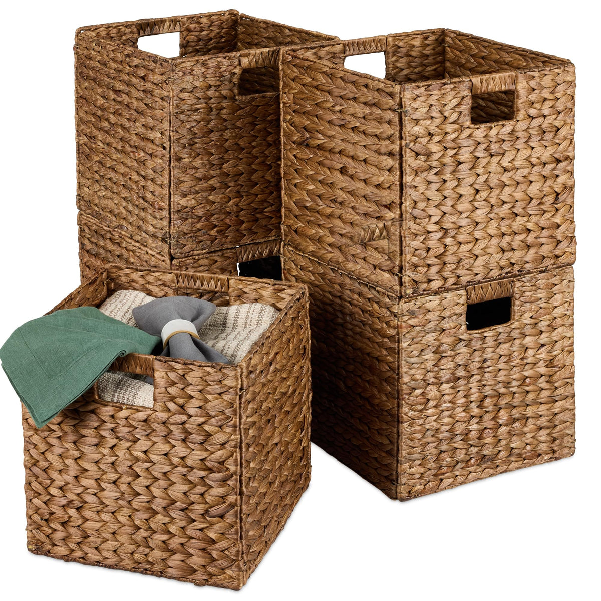 Best Choice Products 10.5x10.5in Pack of 5 Cube Storage Baskets, Water Hyacinth Multipurpose Collapsible Organizers, Handwoven Laundry Totes for Laundry, Living Room, Kids Room & Nursery - White