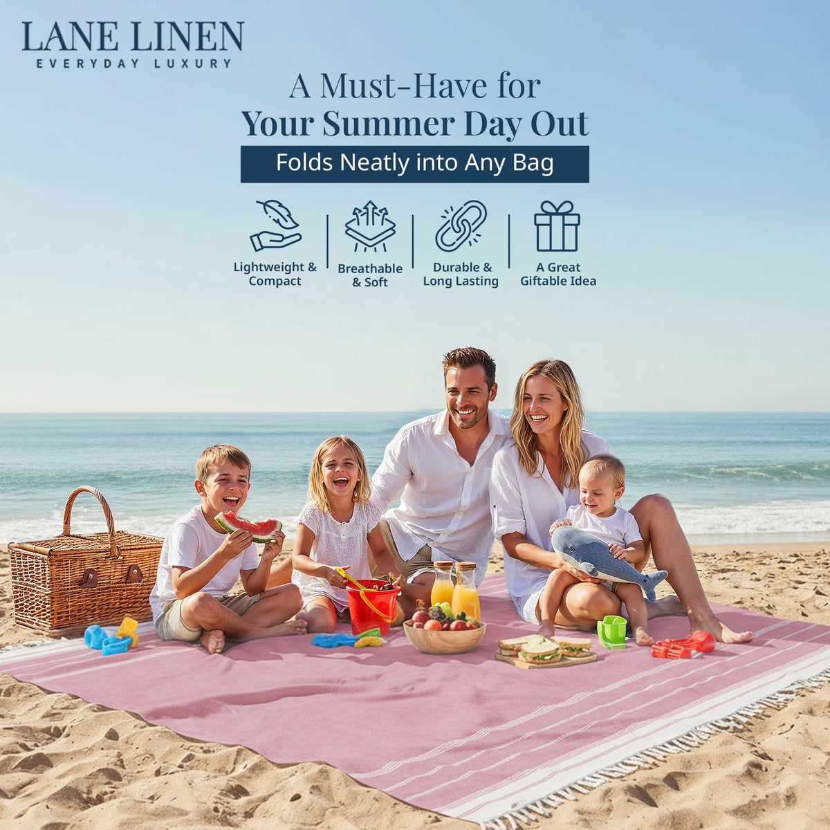 LANE LINEN Beach Vacation Essentials Blanket- Large Beach Blanket Sandproof with Quick Dry Comfort 82"x82", Perfect for Family Vacations, Park Outings, or Social Games – Candy Pink