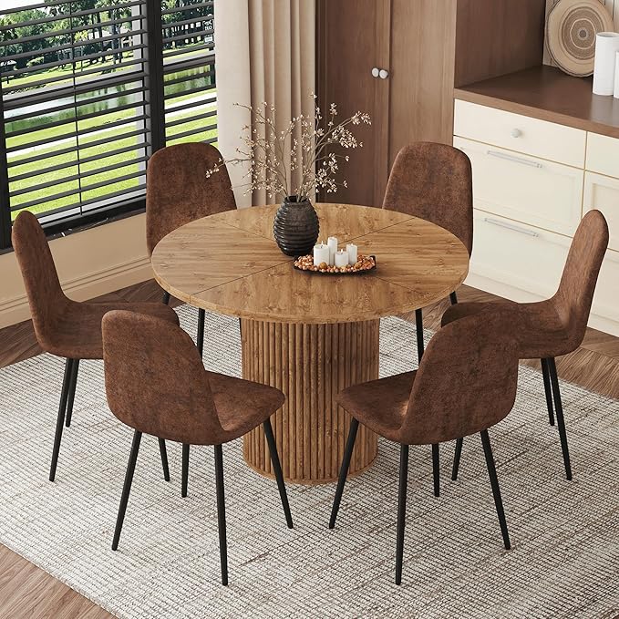 AZmac Round Dining Table Set for 6, Wooden Round Table 7-Piece with Modern Farmhouse Dining Table and 6 Suede Leather Chairs for Kitchen Dining Room, Wooden Table + 6 Brown Chairs