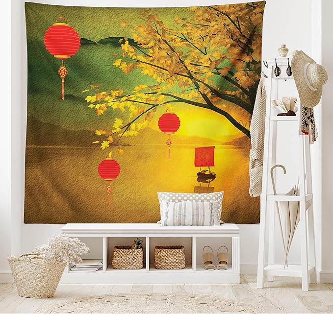 Ambesonne Oriental Tapestry King Size, Traditional Chinese Folk Hanging from Pale Fall Trees Lake Faded Nature Photo, Wall Hanging Bedspread Bed Cover Wall Decor, 104" X 88", Yellow Green