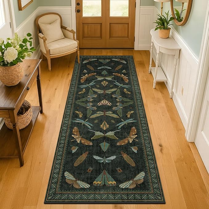 Insect 2x7 Stain Resistant Kitchen Runner Rugs, Vintage Bathroon Rug Non Skid, Low Pile & Soft Non Slip with Rubber Backed, Dark Green Boho Room Decor for Bedroom