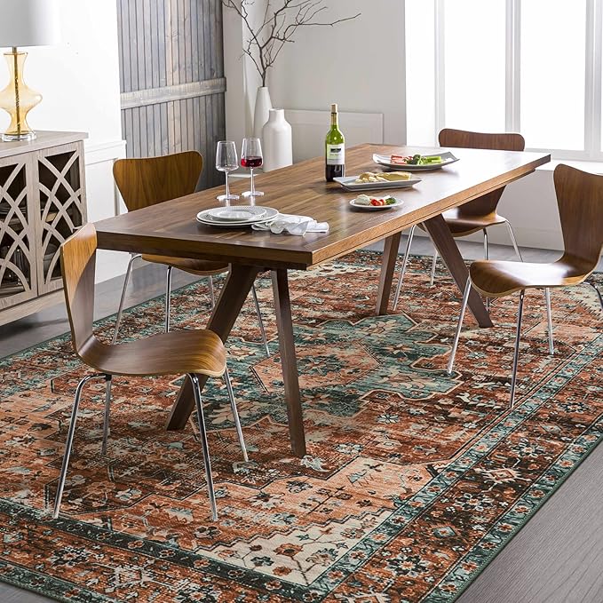 Moynesa Ultra-Thin Vintage Area Rug - 6x9 Washable Bedroom Rug Large Living Room Rug Non-Slip Dining Room Mat, Oriental Printed Low Pile Nursery Carpet for Office Kitchen Entryway, Brick Red/Dull Teal