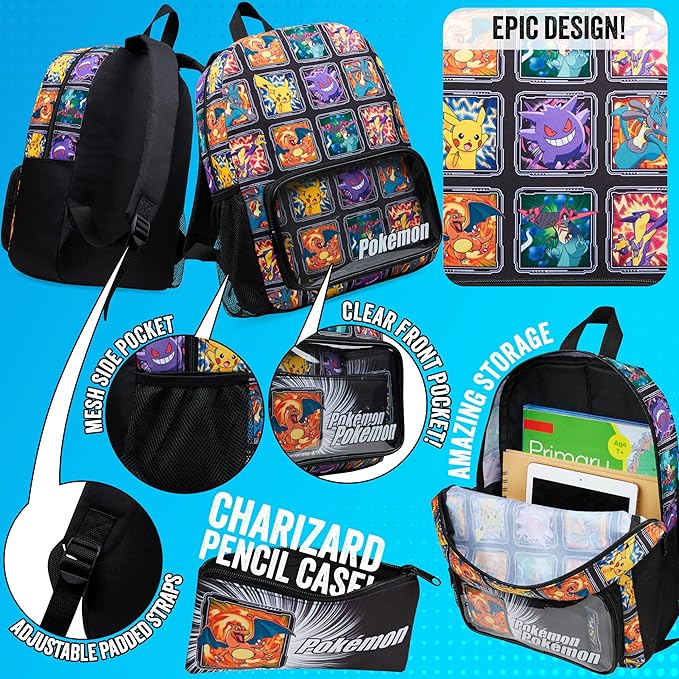 Pokemon Backpack Set 4 Pcs for Kids with Backpack Water Bottle Pencil Case Lunch Bag or Wallet Anime School Supplies Gifts (Multi 4 Pcs Set)
