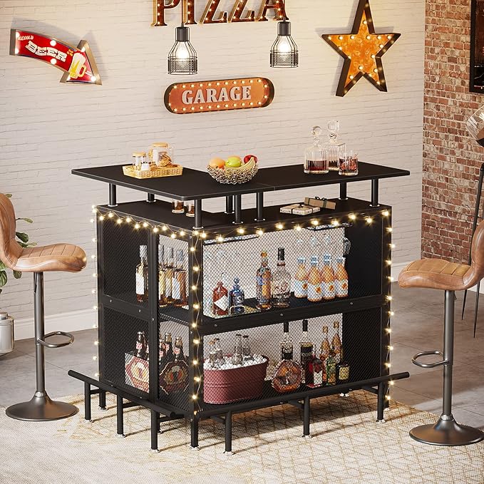 Tribesigns Home Bar Unit, L-Shaped Bar Table with Stemware Racks and 2-Tier Shelves, Corner Mini Coffee Liquor Cabinet with Footrest for Home/Kitchen/Pub, Black