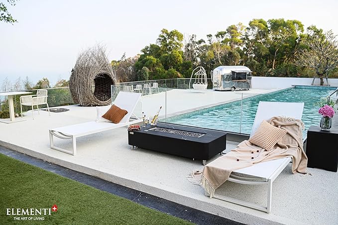 Elementi+ | Bundle Valencia Gas Fire Pit | Concrete Body & Marble Porcelain Top | 62" Rectangular Fire Table | Electronic Ignition | Canvas Cover, Fire Glass, Burner Lid & More | Black | Natural Gas