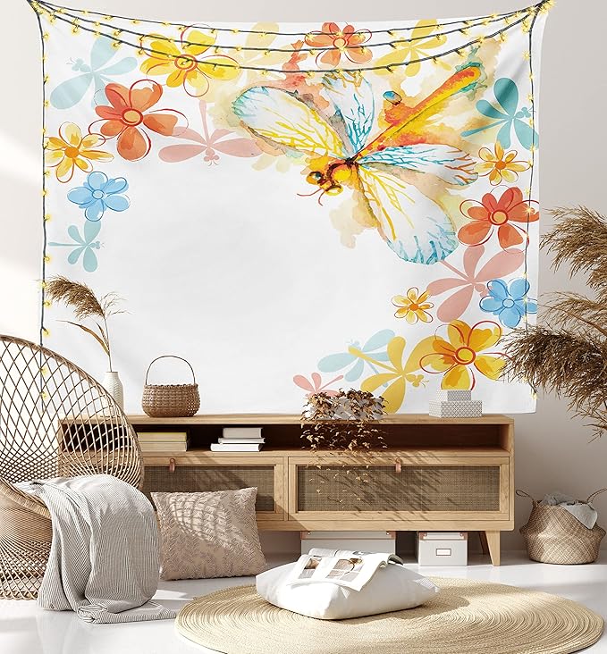 Ambesonne Dragonfly Tapestry Queen Size, Abstract Grunge Vintage Design Moth Spring Flowers Floral Frame Art Print, Wall Hanging Bedspread Bed Cover Wall Decor, 88" X 88", Yellow Orange