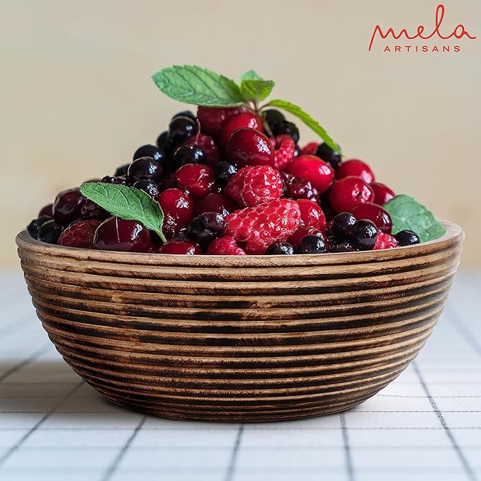 Mela Artisans Wooden Fruit Bowl | Dark Burnt Finish | Large 12” Decorative Mango Wood Serving Bowl | Multipurpose for Kitchen Countertop | Salad | Fruit | Snacks | Breads & More