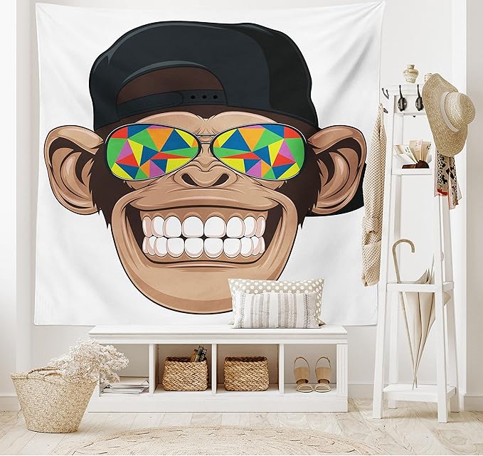 Ambesonne Cartoon Tapestry, Fun Hipster Monkey with Colorful Sunglasses and Hat Rapper Hippie Ape Art, Wide Wall Hanging for Bedroom Living Room Dorm, 60" X 40", White Brown