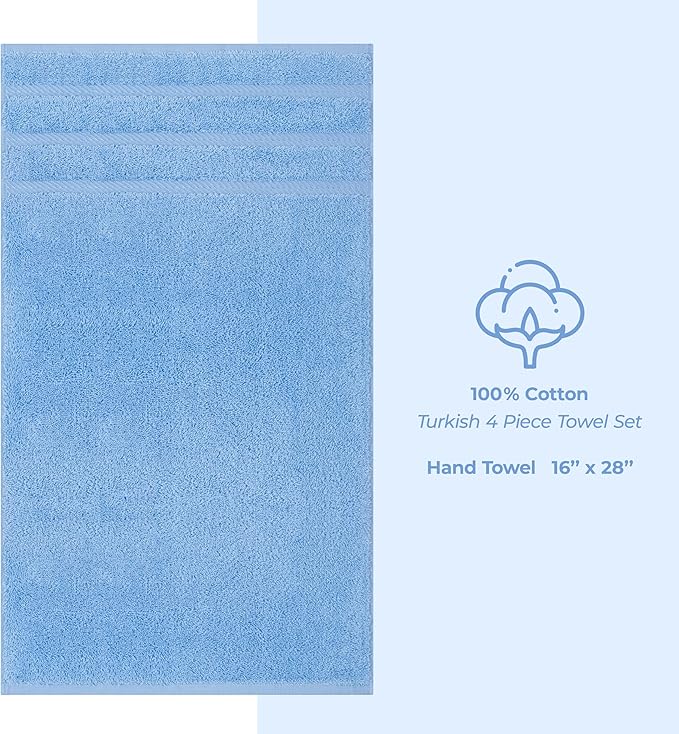 American Soft Linen Luxury Hand Towels for Bathroom, 600 GSM 100% Cotton Turkish 4 Piece Hand Towel Set, 600 GSM Hand Face Towels for Kitchen, Sky Blue Hand Towels