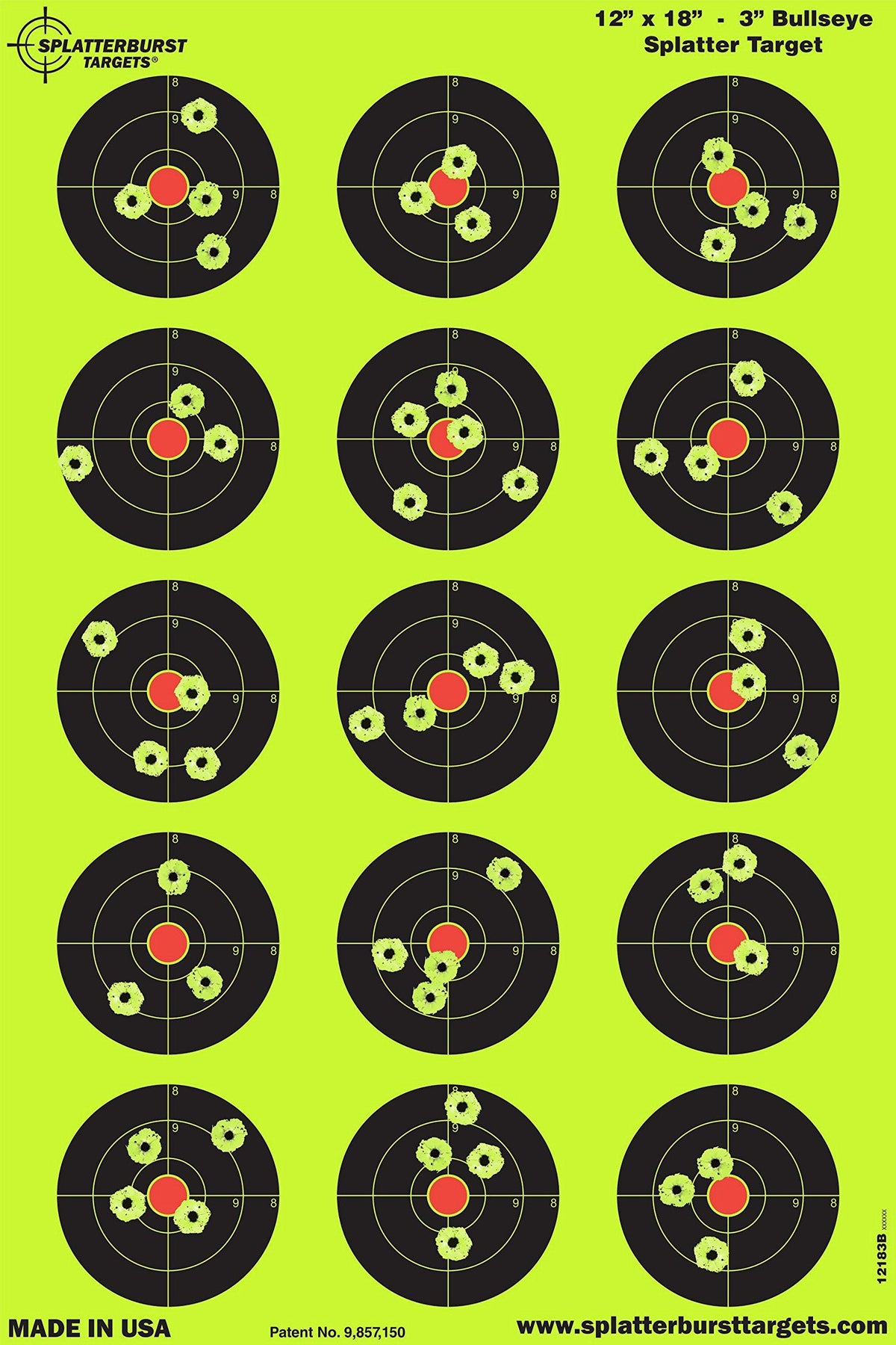 Splatterburst Targets - 12 x18 inch - 3 inch Bullseye Splatter Target - Easily See Your Shots Burst Bright Fluorescent Yellow Upon Impact - Made in the USA (50 Pack)