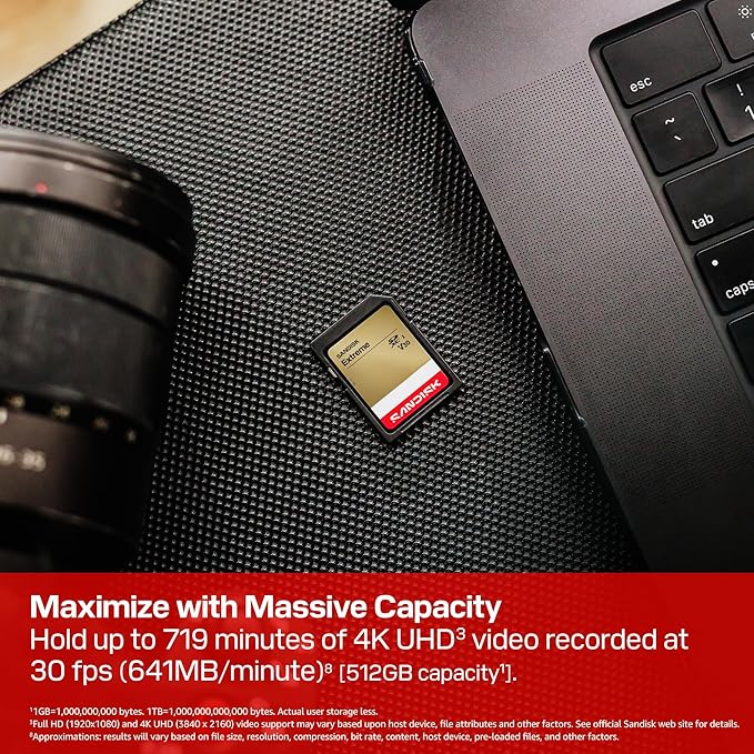 SANDISK 512GB Extreme SD UHS-I Card - Up to 230MB/s Read Speed and 160MB/s Write Speed, 4K UHD Video, U3, V30 - SDSDXV9-512G-GUCIN