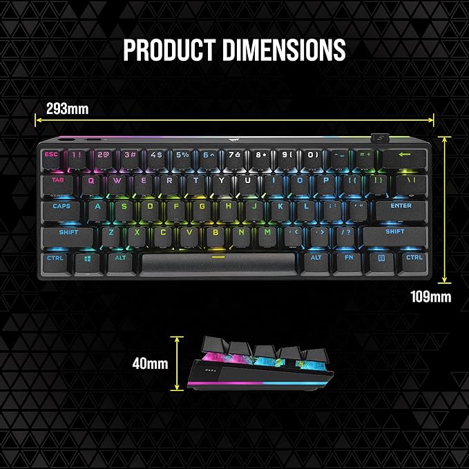 Corsair K70 PRO Mini Wireless RGB 60% (CH-9189010-NA) Mechanical Gaming Keyboard (Fastest Sub-1ms Wireless, Swappable Cherry MX Red Keyswitches) QWERTY, NA Layout - Black (Renewed)