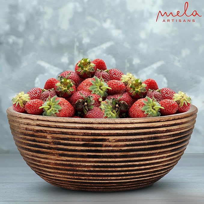 Mela Artisans Wooden Fruit Bowl | Dark Burnt Finish | Large 12” Decorative Mango Wood Serving Bowl | Multipurpose for Kitchen Countertop | Salad | Fruit | Snacks | Breads & More