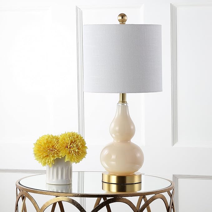 JONATHAN Y 20.5" Ivory Glass Table Lamp, Modern Gourd Bedside Nightstand Lamp for Bedroom, Living Room, White Linen Shade, LED Bulb Included (JYL1028B)