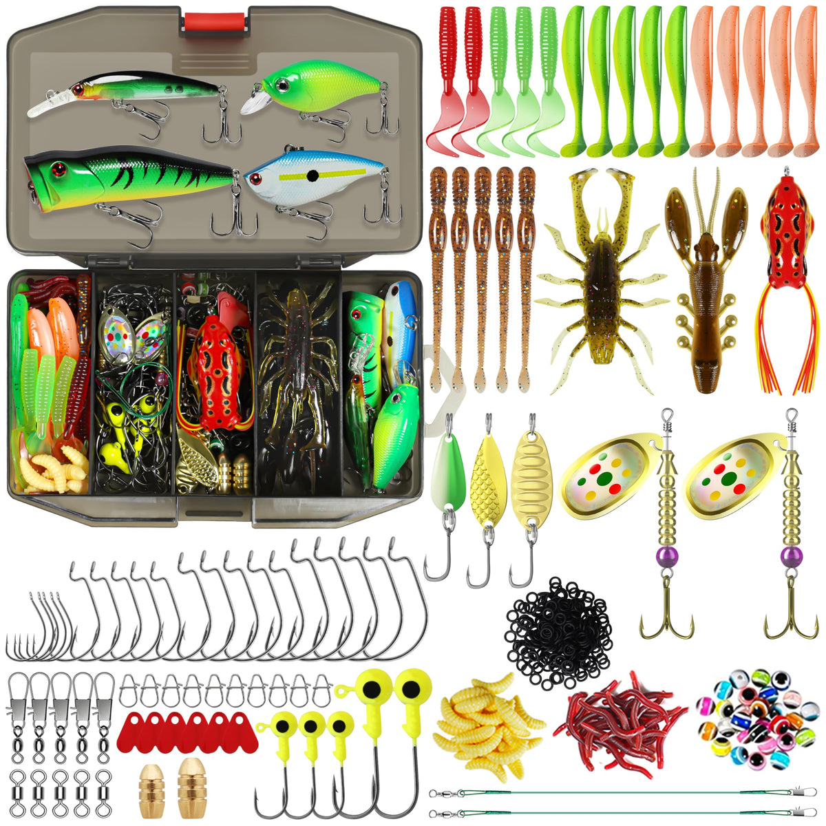 TRUSCEND Complete Fishing Lures - Tackle Box with Tackle Included - Crankbaits, Minnows, Frogs, Vibes, Poppers, Spinners, Spoons, Soft Baits, Hooks & Weights Accessories Kit for Bass Panfish Trout