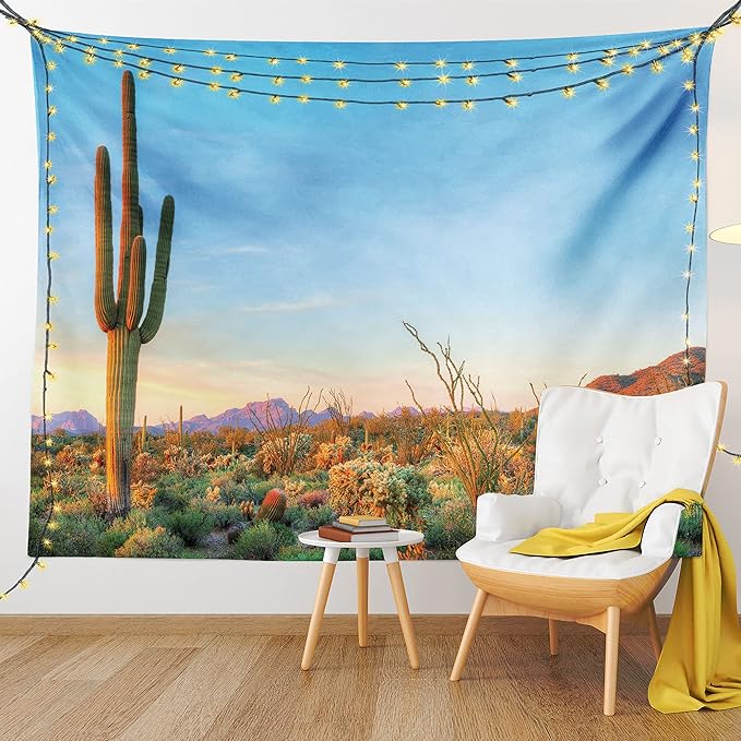Ambesonne Saguaro Tapestry King Size, Sun Goes down in Desert Prickly Pear Cactus Southwest Texas National Park, Wall Hanging Bedspread Bed Cover Wall Decor, 104" X 88", Orange and Blue