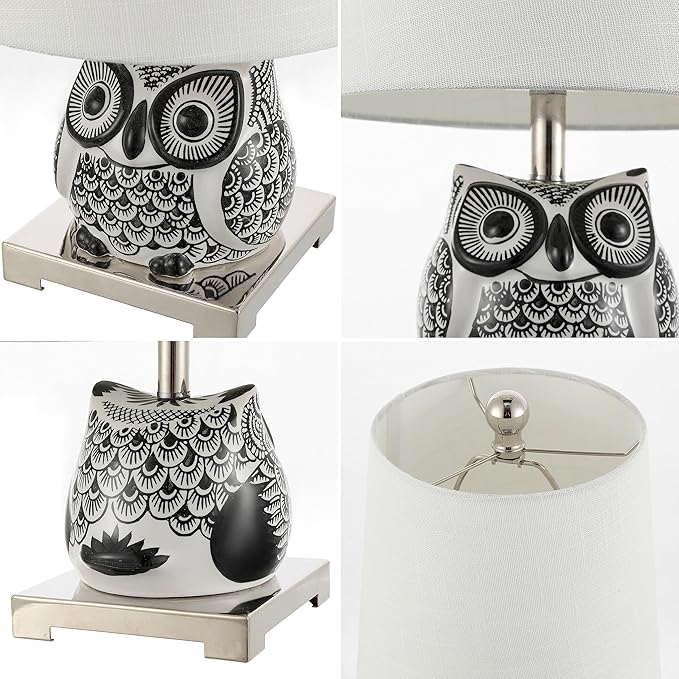 JONATHAN Y 16" Black/White Ceramic Owl Mini Table Lamp for Bedroom or Office, Modern Farmhouse Nightstand Lamp with White Linen Shade, LED Bulb Included (JYL3014C)