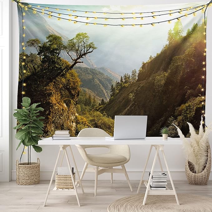 Ambesonne Landscape Tapestry King Size, Forest Nepal Himalaya Mountains Sunlight Majestic Scenery Nature Photo, Wall Hanging Bedspread Bed Cover Wall Decor, 104" X 88", Green Pale Yellow