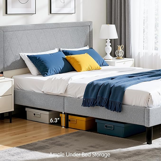 Hokway Bed Frame Upholstered Platform Bed with Headboard Wooden Slat Support No Box Spring Needed(Twin, Light Gray)