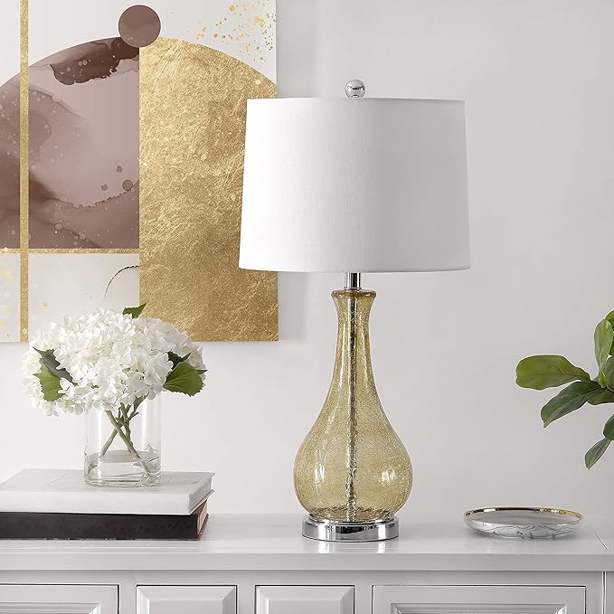 SAFAVIEH Lighting Collection – Finnley Modern Amber Crackle Glass 28-Inch Table Lamp, LED Bulb Included, Bedroom Living Room Home Office Nightstand Desk (TBL4206B)