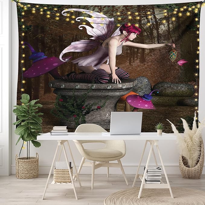 Ambesonne Tale Tapestry King Size, Dimensional Mythical Creature Design Artifact on Pedestal Forest Print, Wall Hanging Bedspread Bed Cover Wall Decor, 104" X 88", Red Purple Grey
