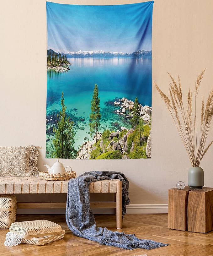 Ambesonne Blue Tapestry, Tranquil View of Lake Tahoe Sierra Pines on Rocks with Turquoise Waters Shoreline, Fabric Wall Hanging Decor for Bedroom Living Room Dorm, 23" X 28", Blue Grey Green