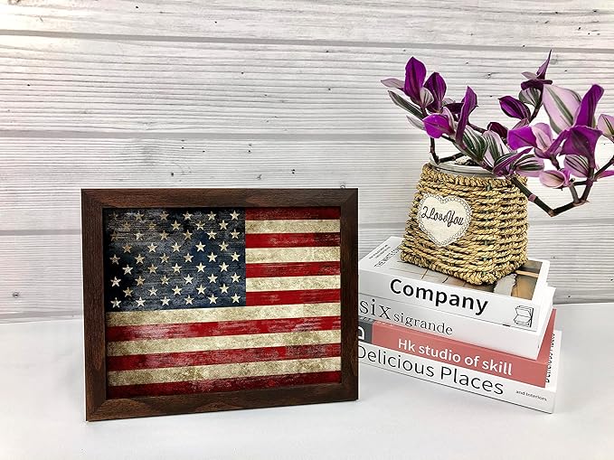 Wieco Art Old Vintage American Flag Wall Art Canvas Print Motivation Classroom Decor With Red Picture Frame and Real Glass Made to Display 5x7" with Mat or 8x10" Without Mat for Home Office Wall Decoration
