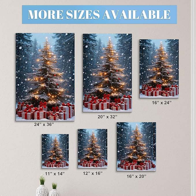 Framed Christmas Pictures Wall Decor,Vintage Pine Tree Prints,Winter Christmas Canvas Wall Art Decoration for Bedroom Bathroom Living Room Rustic Xmas Holiday Gifts (Christmas Tree 14, 16'' X 24'')