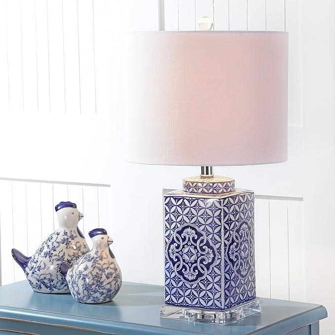 JONATHAN Y 23" Blue and White Chinoiserie Ceramic Table Lamp, Traditional Hand-Painted Bedside Lamp for Living Room Bedroom, White Linen Drum Shade, LED Bulb Included JYL3006A