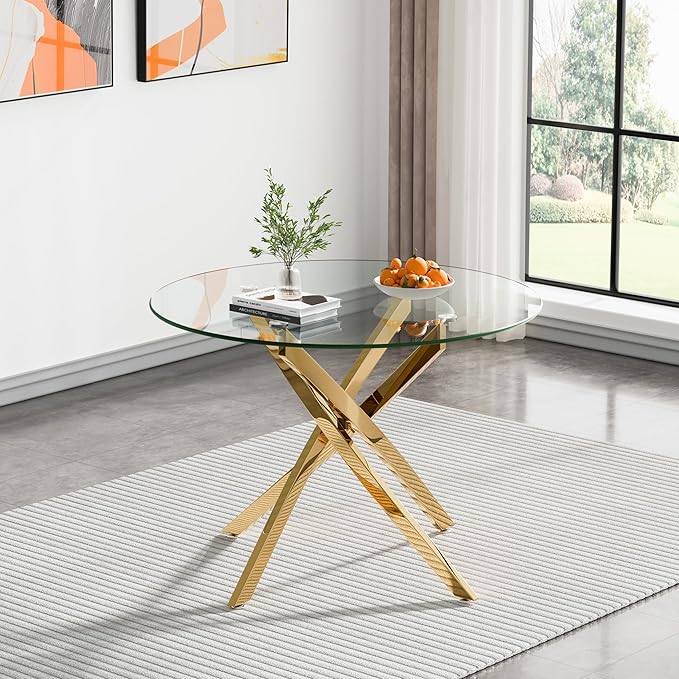 36" Round Dining Table for 4, Glass Kitchen & Dining Room Tables, Modern Circle Dining Room Table w/Tempered Glass Tabletop Gold Finish Metal Legs for Dinner Small Spaces