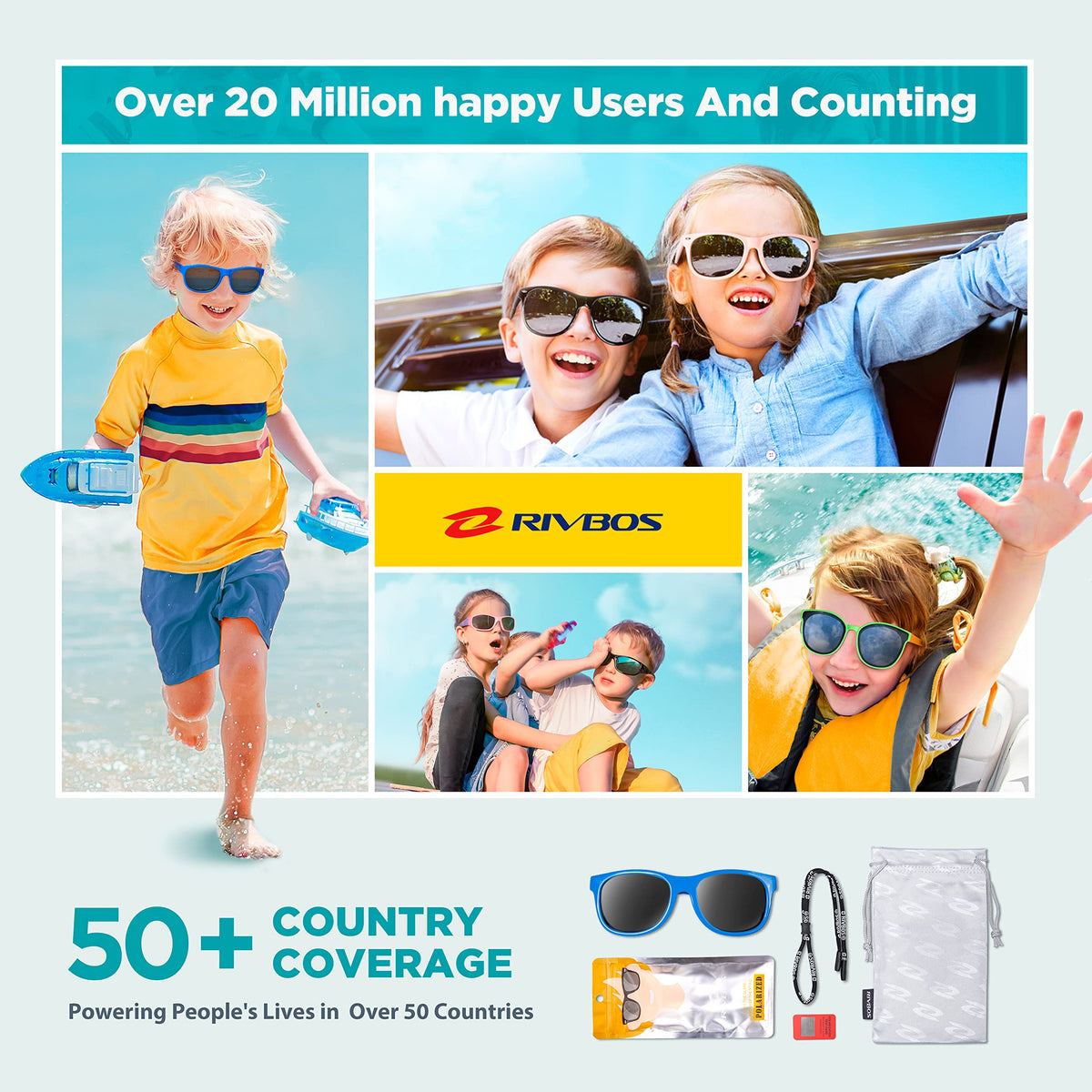 RIVBOS Kids Sunglasses with Strap Polarized UV Protection Flexible Rubber Shades for Boys Girls RBK023