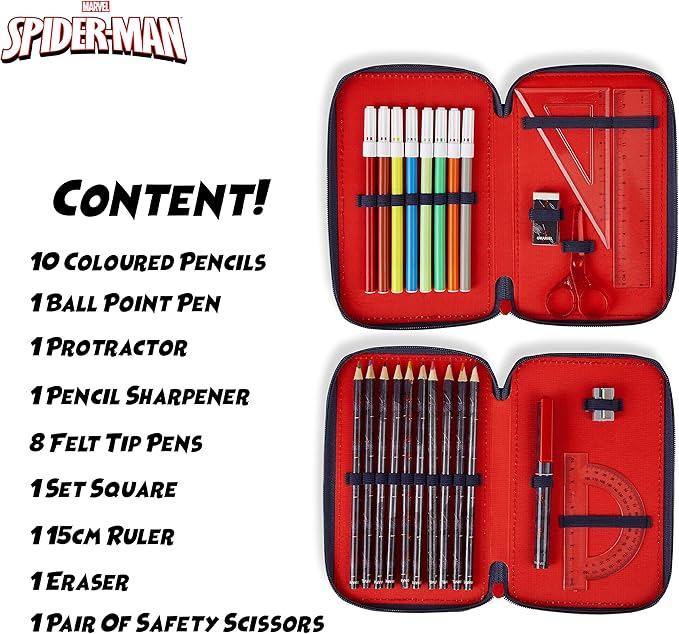 Marvel Boy's Pencil Case, Pencil Case with Compartments Filled School Supplies, Felt, Coloured Pencil, Spiderman Avengers Back to School Gift