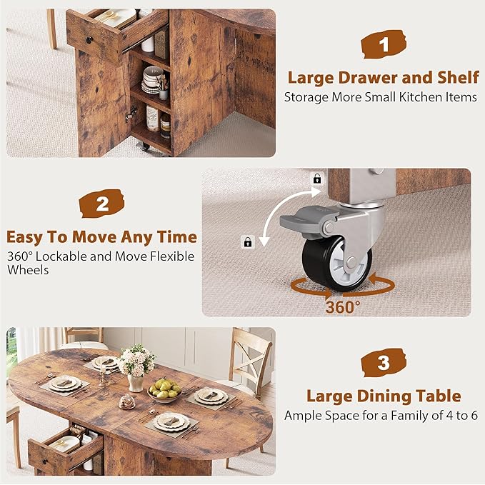 Folding Dining Table for 4 Kitchen Dining Room DinnerTable with Storage Drawer Space Saving Oval Foldable Drop Leaf Gateleg Furniture for Small Space (Vintage, 47 * 23.6 * 30)
