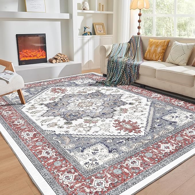 OPPODREAM Thin 6x9 Area Rugs, Washable Rug 6x9 with Non Slip Backing, Faux Cashmere Low-Pile 6 x 9 Carpet, Red & Grey