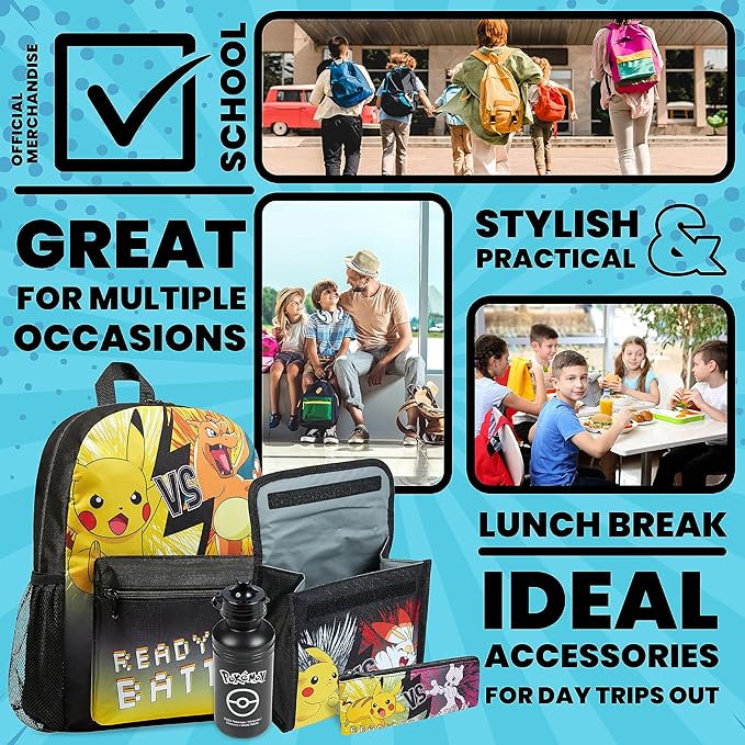 Pokemon Backpack Set 4 Pcs for Kids with Backpack Water Bottle Pencil Case and Insulated Lunch Bag or Wallet Anime School Supplies Gifts for Kids (Black/Yellow 4 Pcs Set)