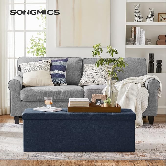 SONGMICS 43 Inches Folding Storage Ottoman Bench, Set of 2, Storage Chest, Foot Rest Stool, Bedroom Bench with Storage, Dark Blue, ULSF432Q01