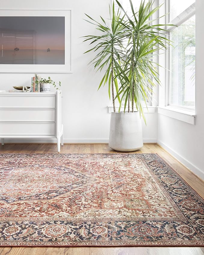 Loloi Layla Collection LAY-08 Red/Navy 9'-0" x 12'-0" .13" Thick Area Rug, Soft, Durable, Vintage Inspired, Distressed, Low Pile, Non-Shedding, Easy Clean, Printed, Living Room Rug