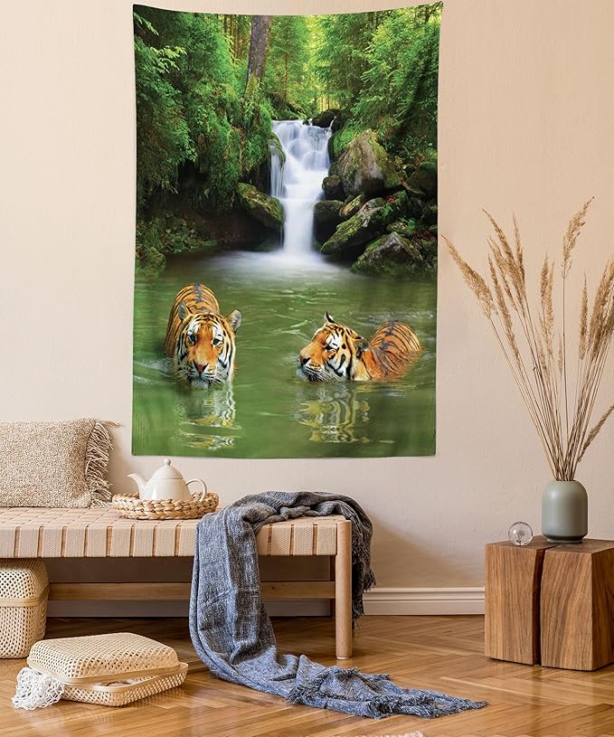 Ambesonne Savannah Tapestry, Siberian Tigers in Water Waterfall Pool Woodland Swimming Natural, Fabric Wall Hanging Decor for Bedroom Living Room Dorm, 23" X 28", Reseda Green Orange