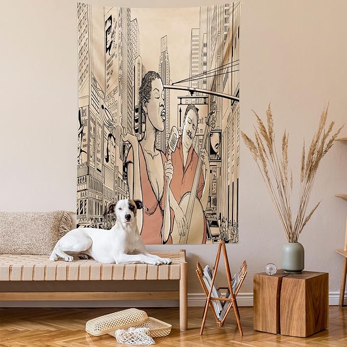 Ambesonne Jazz Music Tapestry, Singer Double-Bass Player in a Street of New York Urban Lifestyle Image, Wall Hanging for Bedroom Living Room Dorm Decor, 40" X 60", Brown Beige