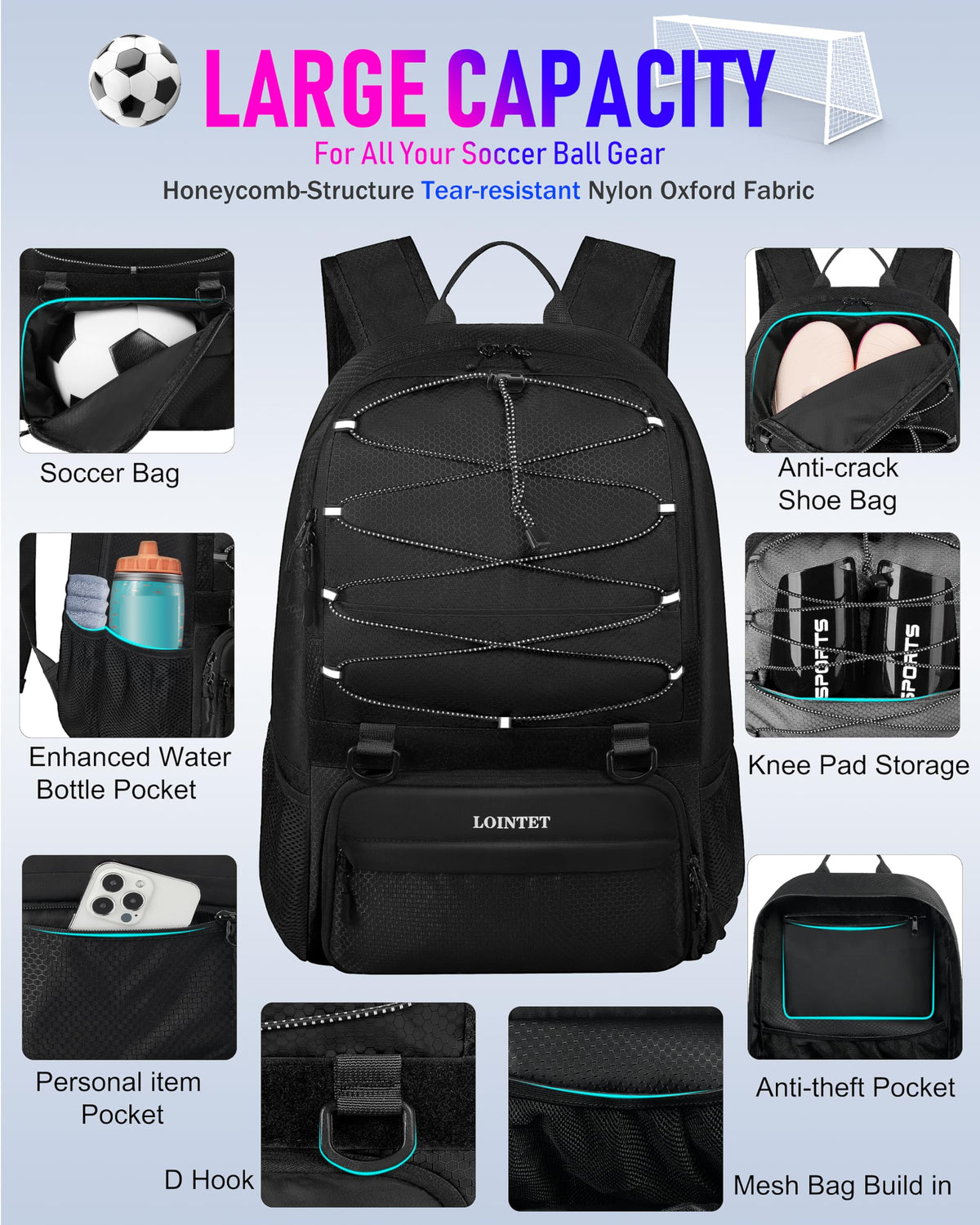 LOINTET Youth Soccer Bag, Soccer Backpack with Ball Compartment, Sports Equipment Training Bags Fits Basketball Football Volleyball and Accessories, Black
